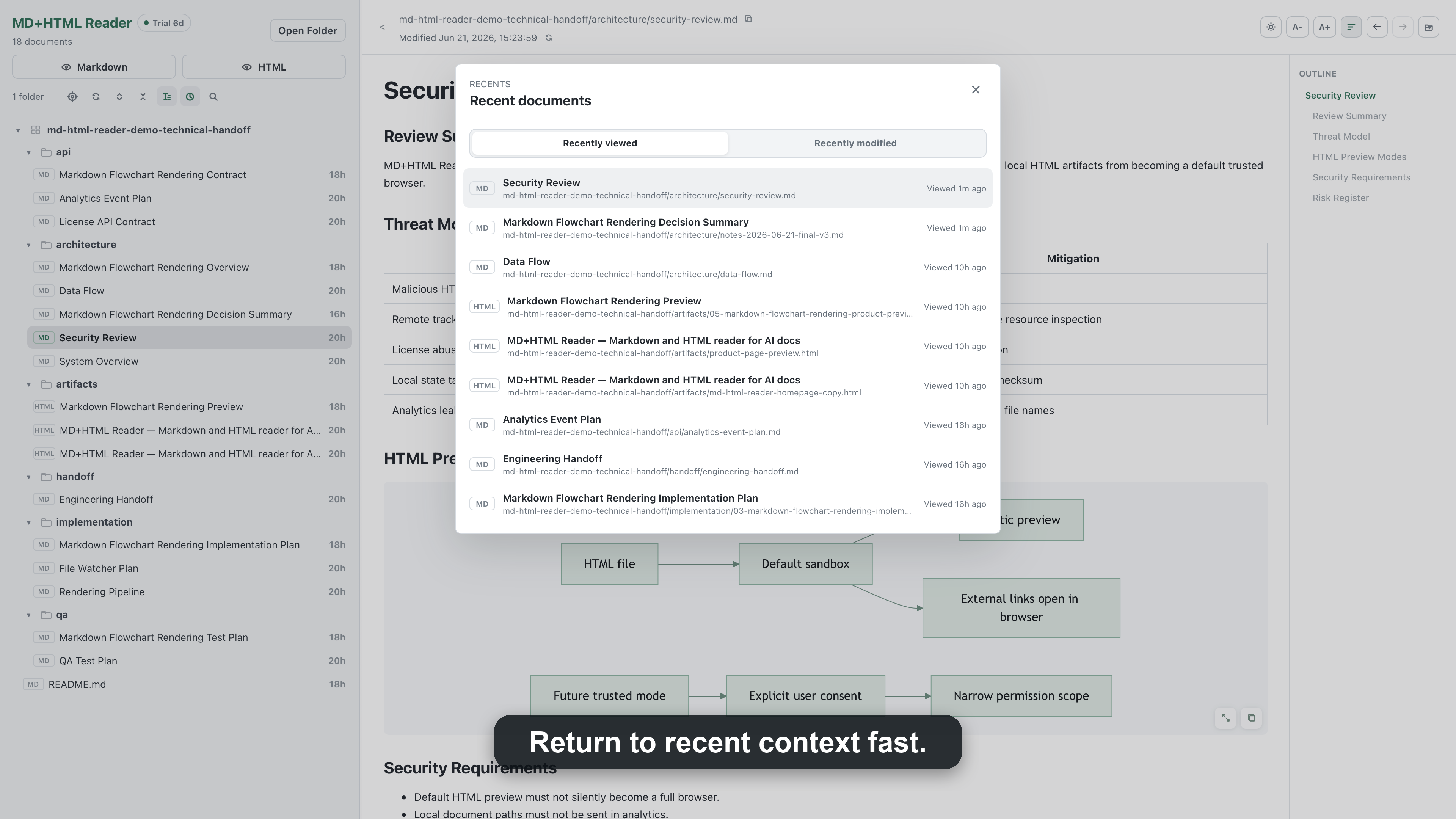 MD+HTML Reader showing the recent documents panel for quickly returning to review context.