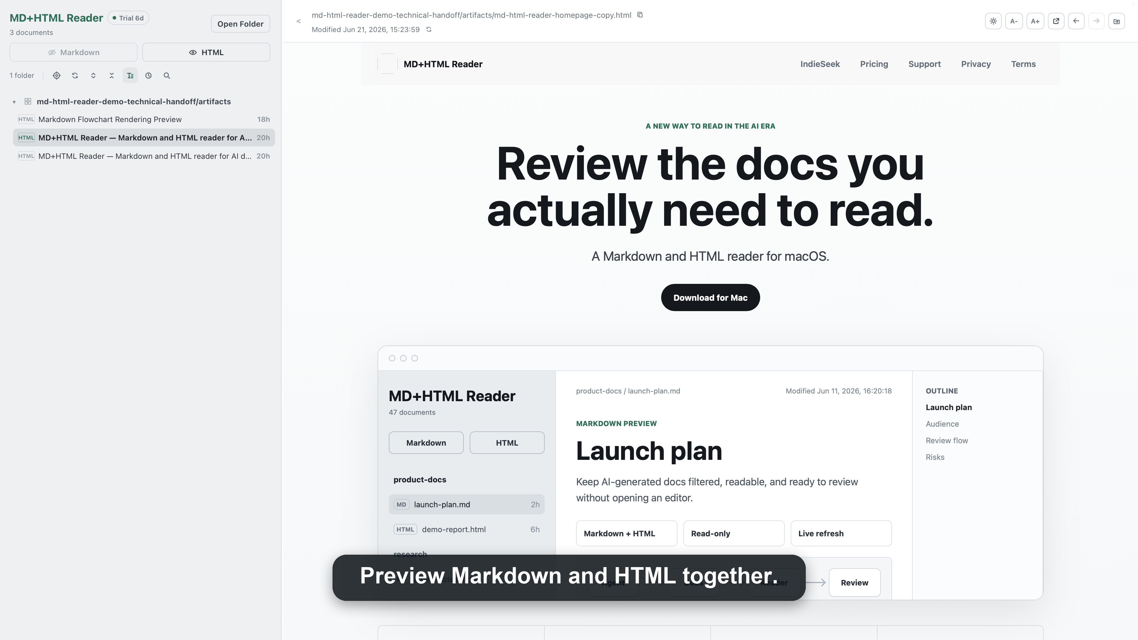 MD+HTML Reader previewing an HTML product page artifact inside the app.